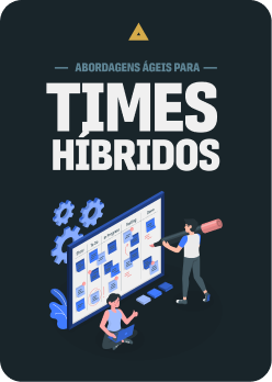 Poster para o curso abordagens ágeis para times híbridos com a ilustração de duas pessoas gerenciado uma planilha de tarefas