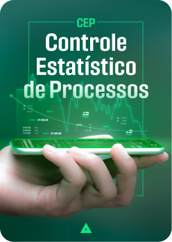 poster para o curso controle estatístico de processos com a imagem de uma mão segurando um celular e projetando um gráfico