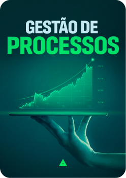 Poster para o curso Gestão de Processos com a imagem de uma mão segurando um tablet projetando um gráfico