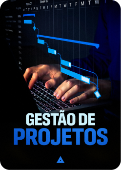 poster para o curso gestão de projetos com a imagem de uma mão digitando no computador sobrepondo de um fluxograma de projetos