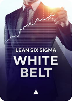 poster para o curso white belt com a imagem de um homem projetando um gráfico em ascensão