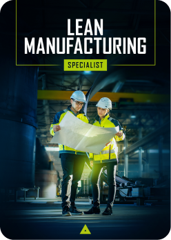 poster para o curso lean manufacturing specialist com a imagem de dois engenheiros discutindo um projeto