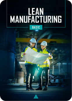 poster para o curso lean manufacturing basic com a imagem de dois engenheiros discutindo um projeto