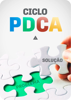 Poster para o curso Ciclo PDCA com a imagem de um quebra cabeça com o descrito problema e solução