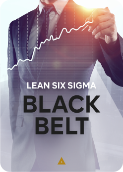 poster para o curso black belt com a imagem de um homem projetando um gráfico em ascensão