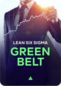 poster para o curso green belt com a imagem de um homem projetando um gráfico em ascensão