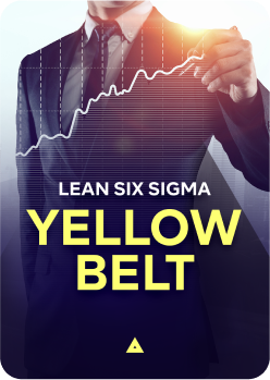 poster para o curso yellow belt com a imagem de um homem projetando um gráfico em ascensão